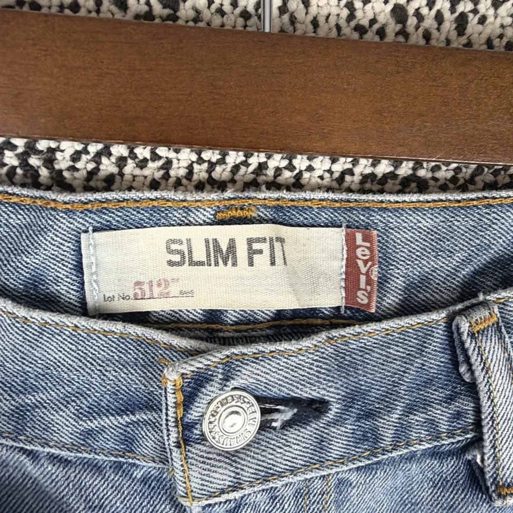 Levis 512 Slim Fit Straight Blue Jeans Men 38 X 30 (FITS 37 X 30) Torn Hems READ